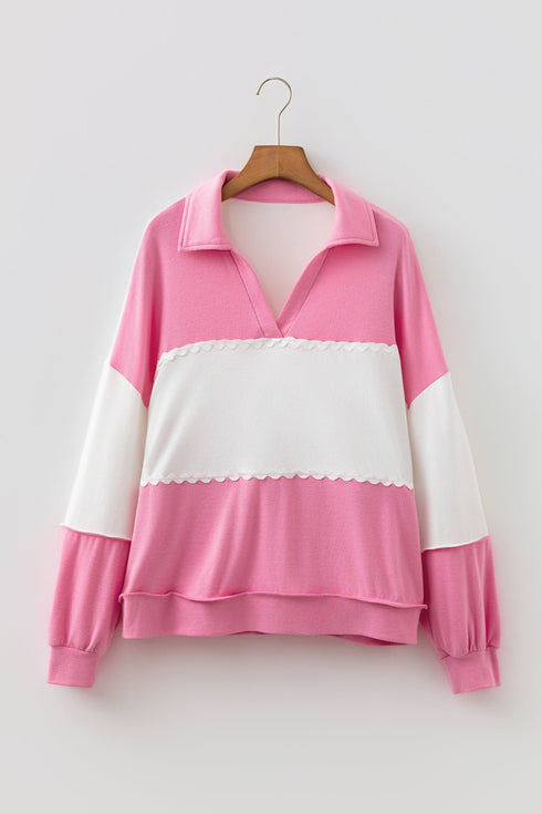 Ricrac Trim Patchwork Collar V Neck Long Sleeve Top