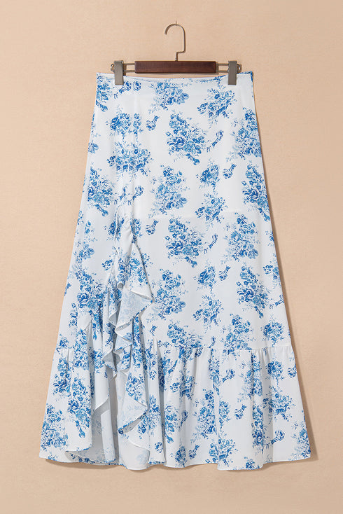Bohemian Floral Print High Waist Ruffle Split Maxi Skirt