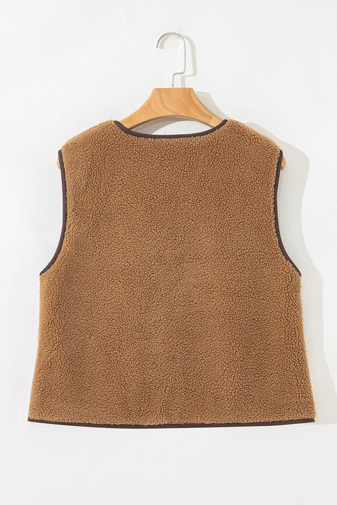 Western Contrast Trim Tie Front Textured Sherpa Vest