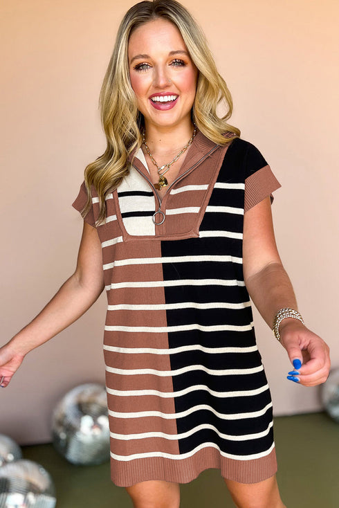 Striped Ribbed Knit Half Zip Mini Dress