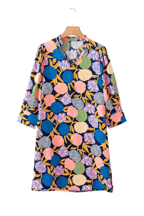 Hydrangea Floral Print Bishop Sleeve V Neck Shift Dress