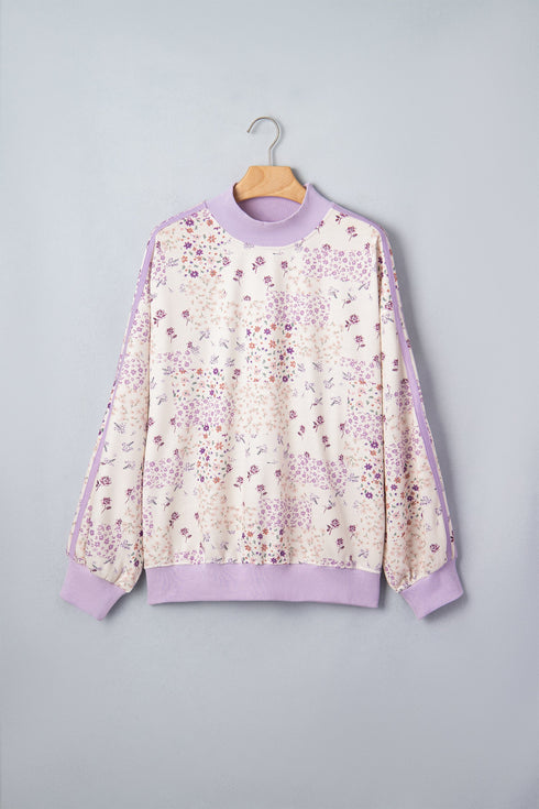 Floral Print Mock Neck Sleeve Paneling Sweatshirt