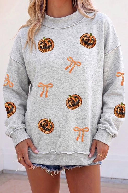 Sequin Pumpkin Face Bow Exposed Seam Pullover Sweatshirt