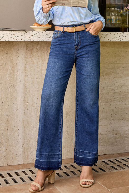 High Rise Straight Loose Raw Hem Cuffed Jeans