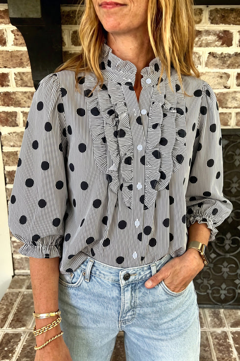 Polka Dot Striped Print Ruffle Stand Neck Three Quarter Sleeve Shift Blouse