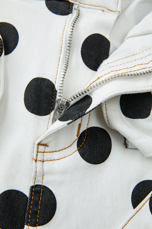 Polka Dot Print Bow Detail Pocketed Denim Jeans