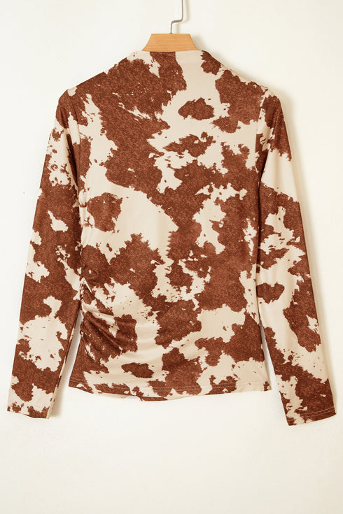 Western Cow Spots Printed High Neck Sheath Long Sleeve Top