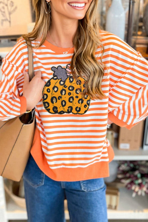 Striped Leopard Pumpkin Graphic Print Pullover Sweatshirt