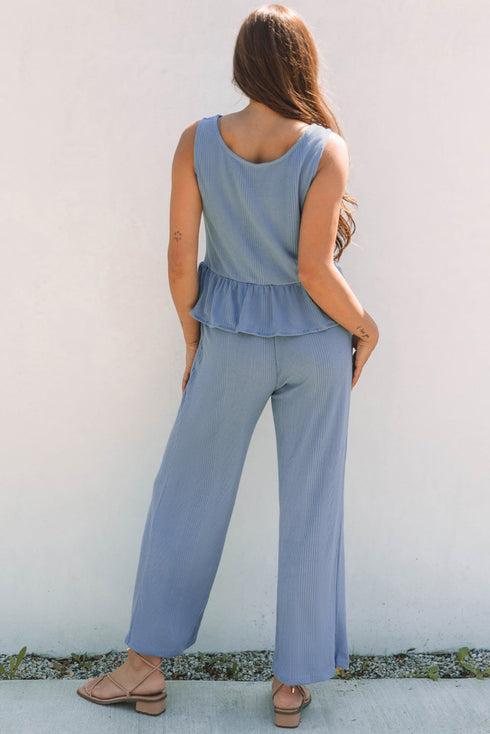 Textured Ribbed Ruffle Tank Top Wide Leg Pant Set