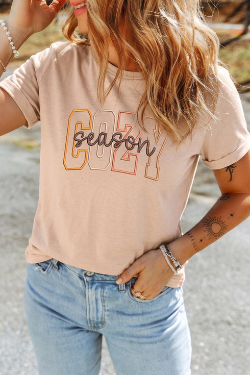 Polyester Embroidered Slogan Short Sleeve Graphic Tee