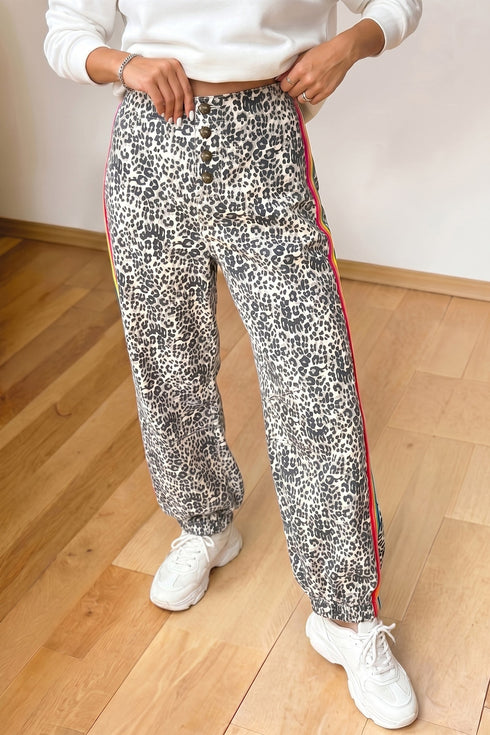 Leopard Print Rainbow Striped Buttoned Loose Jogger Jeans
