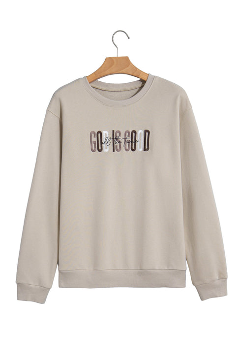 God Is Good Western Embroidered Letter Crewneck Pullover Sweatshirt