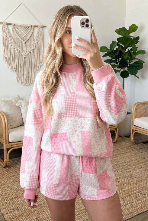 Patchwork Floral Print Drop Shoulder Baggy Pullover Drawstring Short Set