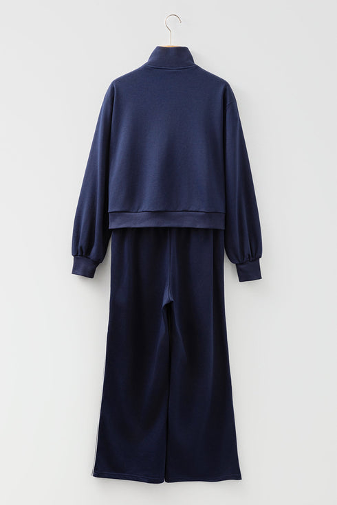 Casual Piping Zipped Pullover Wide Leg Pant Set