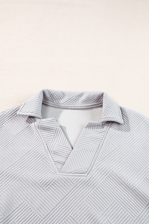 Solid Textured Collared V Neck Wide Leg Pant Sets