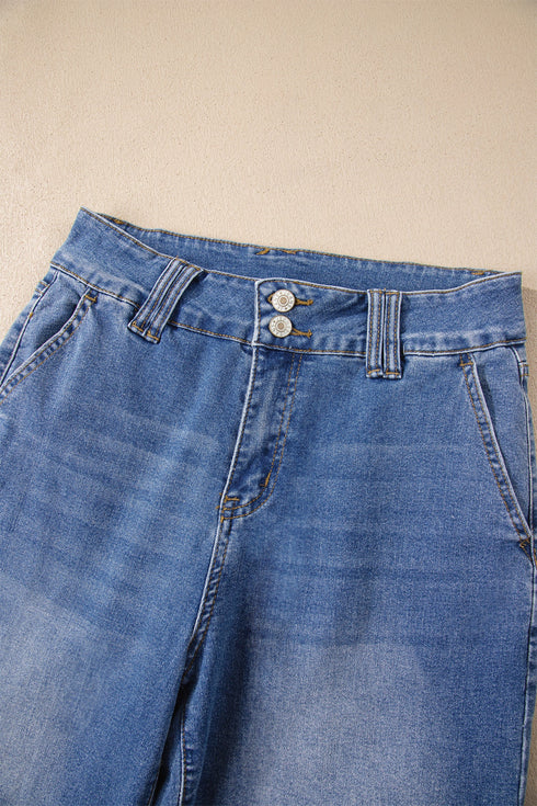 Double Button Zip Fly Wide Straight Leg Jeans