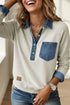 Denim Collar Patchwork Trim Long Sleeve Pullover Top