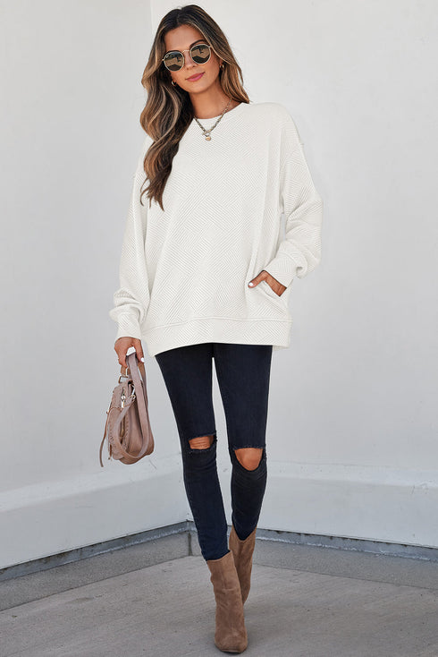 Textured Round Neck Drop Shoulder Pullover Sweatshirt