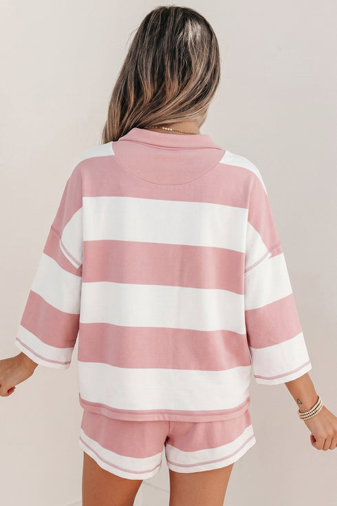 Striped Half Zip Bracelet Sleeve Top Short Set