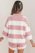 Striped Half Zip Bracelet Sleeve Top Short Set