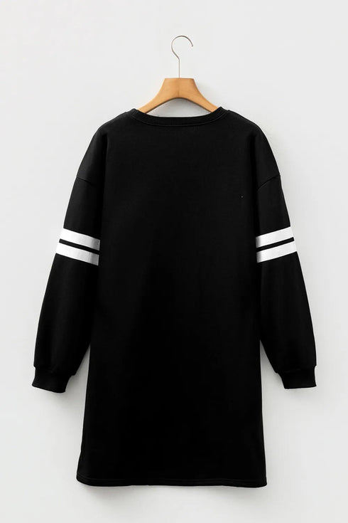 Sequin Ghost Graphic Varsity Striped Sleeve Sweatshirt Dress