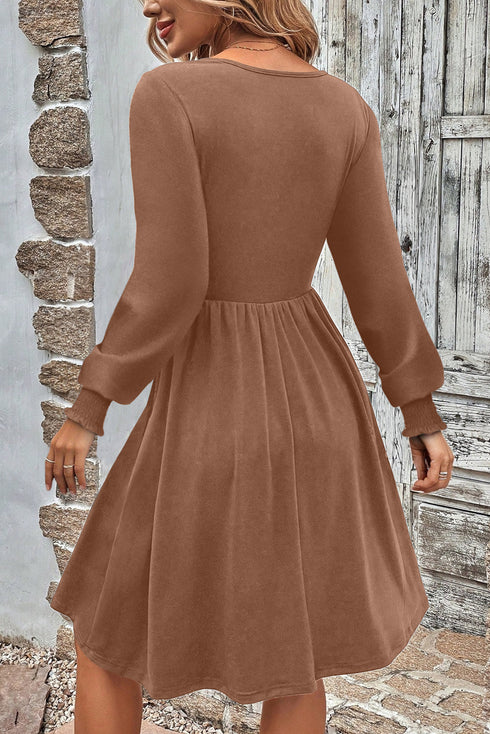 Shirred Cuff Long Sleeve Button Round Neck Mini Dress