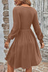 Shirred Cuff Long Sleeve Button Round Neck Mini Dress