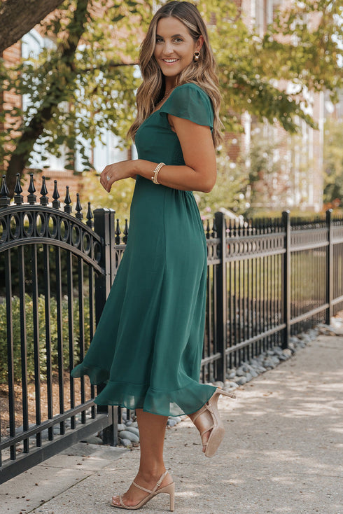 Sweetheart Flutter Sleeve Ruffle Hem Chiffon Midi Dress