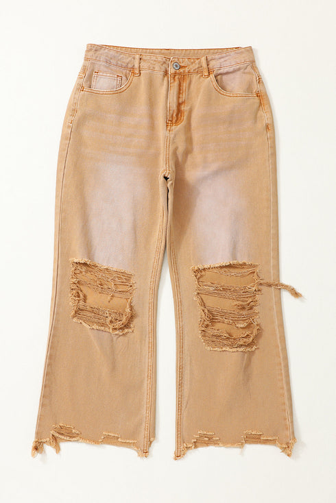 Distressed Hollow Out High Waist Cropped Flare Jeans