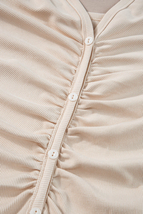 Short Sleeve Ribbed Button Front Ruched Maxi Dress