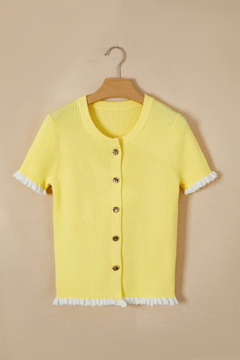 Ribbed Knit Frilled Trim Cardigan Short Sleeve Sweater