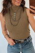 Western Ribbed Knit High Neck Sleeveless Waist Slim Fit Sweater Vest