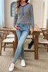 Striped Ribbed Denim Collar Half Button Long Sleeve Top