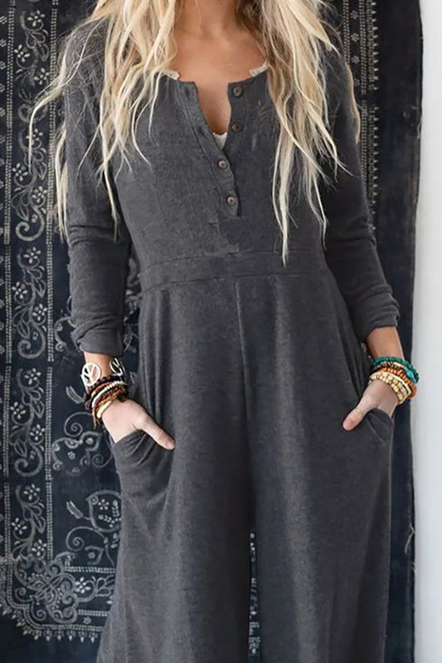Solid Button Front Long Sleeve Wide Leg Jumpsuit