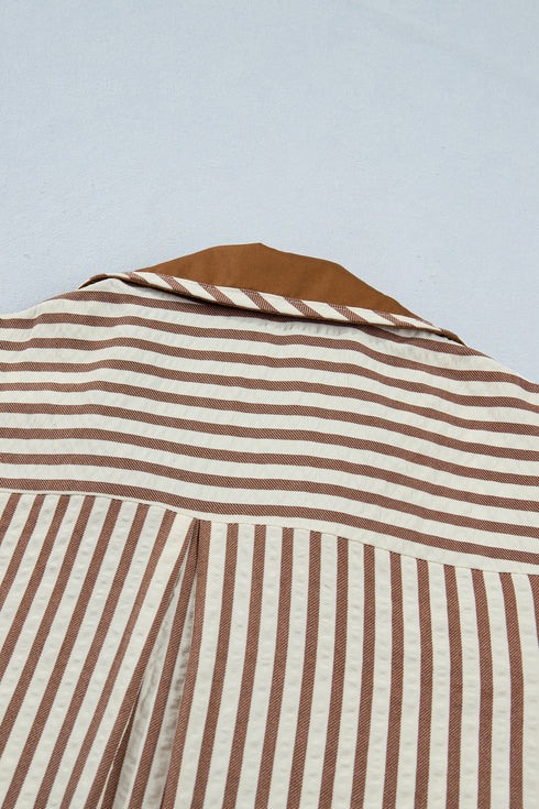 Stripe Shirt Collar Patchwork Trim Ruffle Hem Mini Dress
