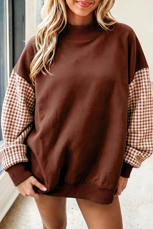 Plaid Sleeve Paneled Mock Neck Loose Tunic Sweatshirt