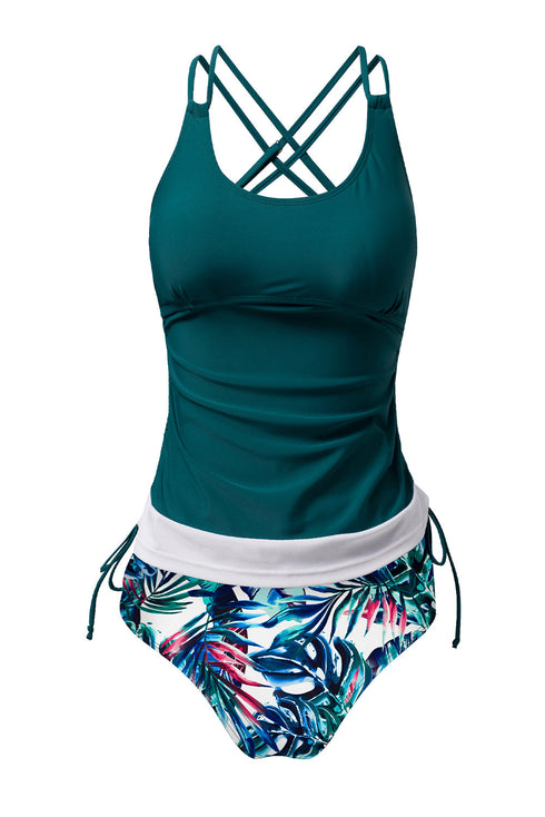 Ruched Side Tie Strap Leaf Print Tankini Set