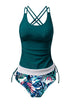 Ruched Side Tie Strap Leaf Print Tankini Set