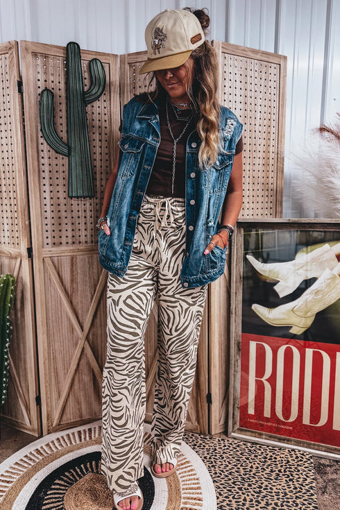 Western Print Zebra Pattern Elastic Waist Pocket Full Length Pants