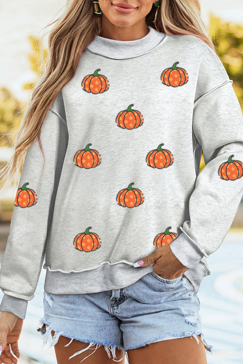 Sequin Star Pumpkin Graphic Exposed Seam Mock Neck Sweatshirt