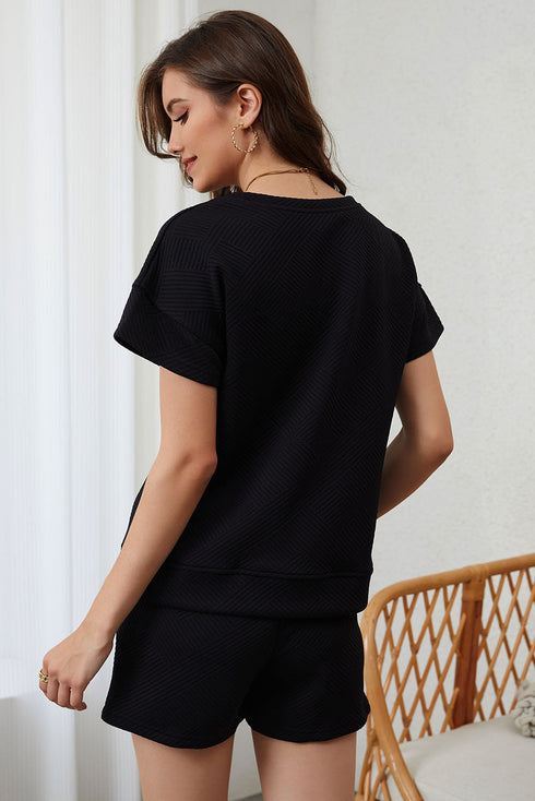 Minimalist Textured Drawstring Two Piece Short Sets