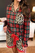 Plaid Leopard Print Patchwork Long Sleeve Shorts Sleepwear