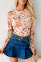 Floral Print Mesh Thumbhole Long Sleeve Slim Top