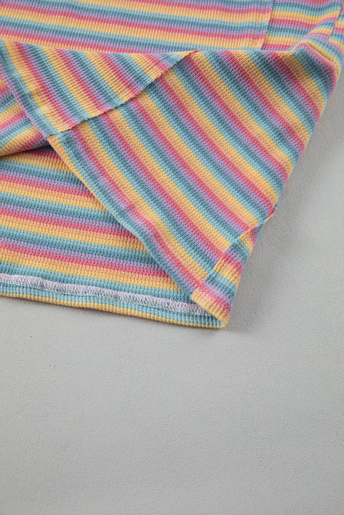 Striped Crew Neck Tassel Drawstring Matching Short Set