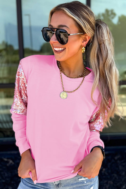 Sequin Round Neck Cotton Detail Long Sleeve Pullover Top