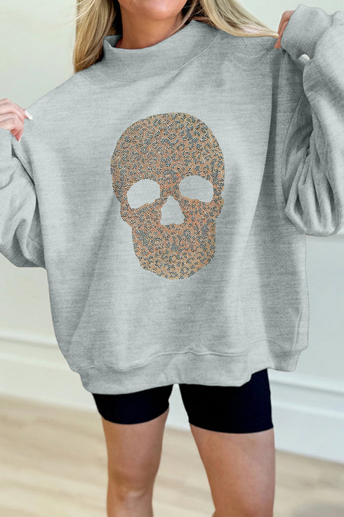 Rhinestone Skull Graphic Mock Neck Baggy Pullover Sweatshirt