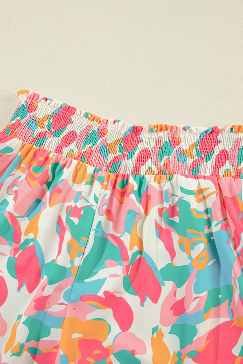 Abstract Print Ruffle Sleeve Smocked Wide Leg Pant Sets