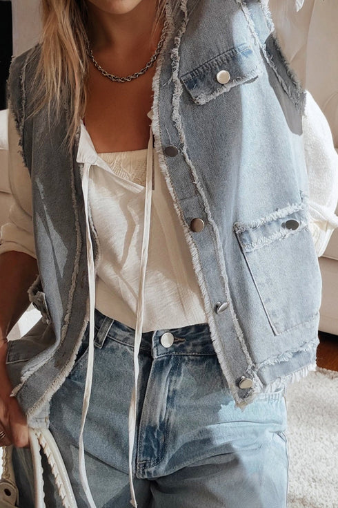Modern Solid Frayed Edge Flap Pocket Denim Vest
