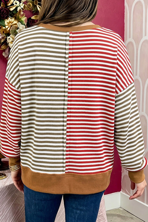 Textured Waffle Stripe V Neck Long Sleeve Top
