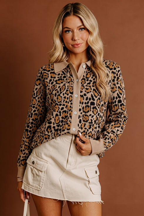 Leopard Print Button Up Long Sleeve Viscose Blend Cardigan